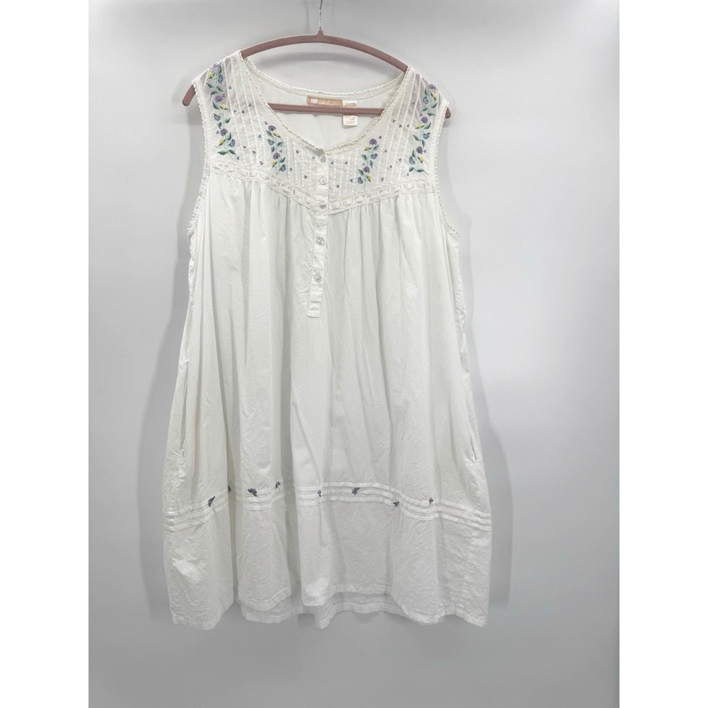 Cera Patio Night Dress Night Gown 14 Floral Embroidered Cotton Pockets Pintuck